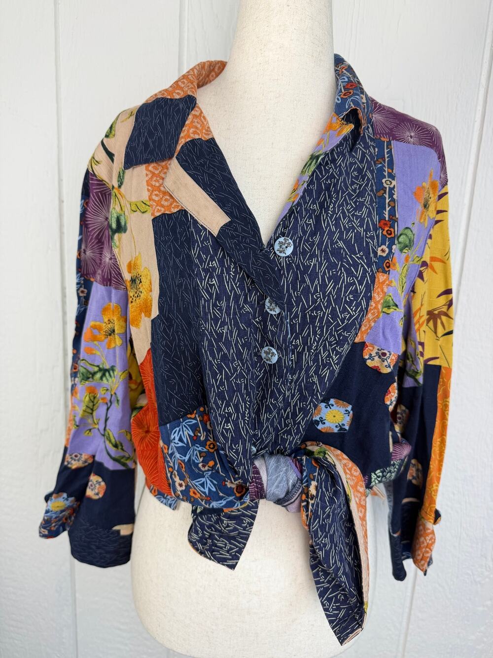 Vintage 90s City Blues Koret Patchwork Shirt M Floral Rayon Artsy Boho Medium